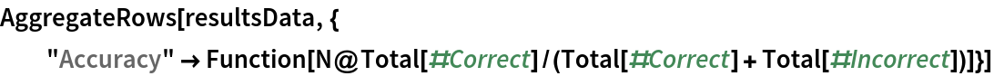 AggregateRows[resultsData, {
  "Accuracy" -> Function[N@Total[#Correct]/(Total[#Correct] + Total[#Incorrect])]}]