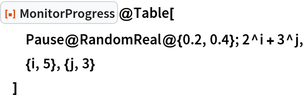 ResourceFunction["MonitorProgress"]@Table[
  Pause@RandomReal@{0.2, 0.4}; 2^i + 3^j,
  {i, 5}, {j, 3}
  ]