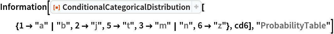 Information[
 ResourceFunction[
  "ConditionalCategoricalDistribution"][{1 -> "a" | "b", 2 -> "j", 5 -> "t", 3 -> "m" | "n", 6 -> "z"}, cd6], "ProbabilityTable"]