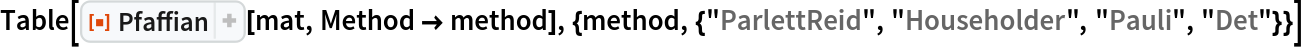 Table[ResourceFunction["Pfaffian"][mat, Method -> method], {method, {"ParlettReid", "Householder", "Pauli", "Det"}}]
