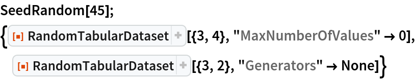 SeedRandom[45];
{ResourceFunction["RandomTabularDataset"][{3, 4}, "MaxNumberOfValues" -> 0], ResourceFunction["RandomTabularDataset"][{3, 2}, "Generators" -> None]}