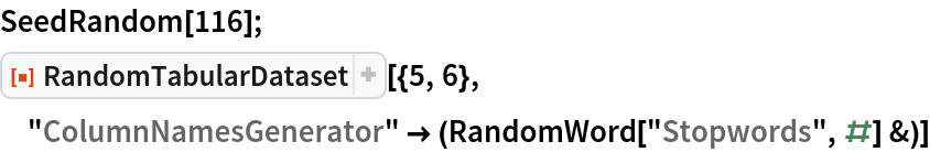SeedRandom[116];
ResourceFunction["RandomTabularDataset"][{5, 6}, "ColumnNamesGenerator" -> (RandomWord["Stopwords", #] &)]