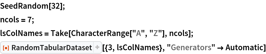 SeedRandom[32];
ncols = 7;
lsColNames = Take[CharacterRange["A", "Z"], ncols];
ResourceFunction["RandomTabularDataset"][{3, lsColNames}, "Generators" -> Automatic]