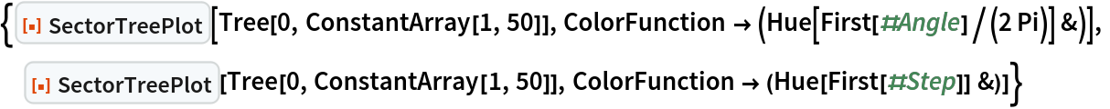 {ResourceFunction["SectorTreePlot"][Tree[0, ConstantArray[1, 50]], ColorFunction -> (Hue[First[#Angle]/(2 Pi)] &)],
 ResourceFunction["SectorTreePlot"][Tree[0, ConstantArray[1, 50]], ColorFunction -> (Hue[First[#Step]] &)]}