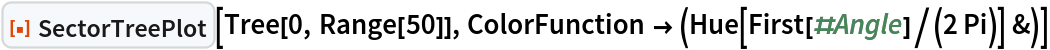 ResourceFunction["SectorTreePlot"][Tree[0, Range[50]], ColorFunction -> (Hue[First[#Angle]/(2 Pi)] &)]
