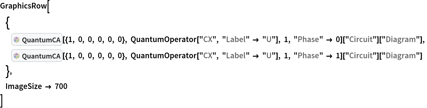 GraphicsRow[
     {
          InterpretationBox[FrameBox[TagBox[TooltipBox[PaneBox[GridBox[List[List[GraphicsBox[List[Thickness[0.0025`], List[FaceForm[List[RGBColor[0.9607843137254902`, 0.5058823529411764`, 0.19607843137254902`], Opacity[1.`]]], FilledCurveBox[List[List[List[0, 2, 0], List[0, 1, 0], List[0, 1, 0], List[0, 1, 0], List[0, 1, 0]], List[List[0, 2, 0], List[0, 1, 0], List[0, 1, 0], List[0, 1, 0], List[0, 1, 0]], List[List[0, 2, 0], List[0, 1, 0], List[0, 1, 0], List[0, 1, 0], List[0, 1, 0], List[0, 1, 0]], List[List[0, 2, 0], List[1, 3, 3], List[0, 1, 0], List[1, 3, 3], List[0, 1, 0], List[1, 3, 3], List[0, 1, 0], List[1, 3, 3], List[1, 3, 3], List[0, 1, 0], List[1, 3, 3], List[0, 1, 0], List[1, 3, 3]]], List[List[List[205.`, 22.863691329956055`], List[205.`, 212.31669425964355`], List[246.01799774169922`, 235.99870109558105`], List[369.0710144042969`, 307.0436840057373`], List[369.0710144042969`, 117.59068870544434`], List[205.`, 22.863691329956055`]], List[List[30.928985595703125`, 307.0436840057373`], List[153.98200225830078`, 235.99870109558105`], List[195.`, 212.31669425964355`], List[195.`, 22.863691329956055`], List[30.928985595703125`, 117.59068870544434`], List[30.928985595703125`, 307.0436840057373`]], List[List[200.`, 410.42970085144043`], List[364.0710144042969`, 315.7036876678467`], List[241.01799774169922`, 244.65868949890137`], List[200.`, 220.97669792175293`], List[158.98200225830078`, 244.65868949890137`], List[35.928985595703125`, 315.7036876678467`], List[200.`, 410.42970085144043`]], List[List[376.5710144042969`, 320.03370475769043`], List[202.5`, 420.53370475769043`], List[200.95300006866455`, 421.42667961120605`], List[199.04699993133545`, 421.42667961120605`], List[197.5`, 420.53370475769043`], List[23.428985595703125`, 320.03370475769043`], List[21.882003784179688`, 319.1406993865967`], List[20.928985595703125`, 317.4896984100342`], List[20.928985595703125`, 315.7036876678467`], List[20.928985595703125`, 114.70369529724121`], List[20.928985595703125`, 112.91769218444824`], List[21.882003784179688`, 111.26669120788574`], List[23.428985595703125`, 110.37369346618652`], List[197.5`, 9.87369155883789`], List[198.27300024032593`, 9.426692008972168`], List[199.13700008392334`, 9.203690528869629`], List[200.`, 9.203690528869629`], List[200.86299991607666`, 9.203690528869629`], List[201.72699999809265`, 9.426692008972168`], List[202.5`, 9.87369155883789`], List[376.5710144042969`, 110.37369346618652`], List[378.1179962158203`, 111.26669120788574`], List[379.0710144042969`, 112.91769218444824`], List[379.0710144042969`, 114.70369529724121`], List[379.0710144042969`, 315.7036876678467`], List[379.0710144042969`, 317.4896984100342`], List[378.1179962158203`, 319.1406993865967`], List[376.5710144042969`, 320.03370475769043`]]]]], List[FaceForm[List[RGBColor[0.5529411764705883`, 0.6745098039215687`, 0.8117647058823529`], Opacity[1.`]]], FilledCurveBox[List[List[List[0, 2, 0], List[0, 1, 0], List[0, 1, 0], List[0, 1, 0]]], List[List[List[44.92900085449219`, 282.59088134765625`], List[181.00001525878906`, 204.0298843383789`], List[181.00001525878906`, 46.90887451171875`], List[44.92900085449219`, 125.46986389160156`], List[44.92900085449219`, 282.59088134765625`]]]]], List[FaceForm[List[RGBColor[0.6627450980392157`, 0.803921568627451`, 0.5686274509803921`], Opacity[1.`]]], FilledCurveBox[List[List[List[0, 2, 0], List[0, 1, 0], List[0, 1, 0], List[0, 1, 0]]], List[List[List[355.0710144042969`, 282.59088134765625`], List[355.0710144042969`, 125.46986389160156`], List[219.`, 46.90887451171875`], List[219.`, 204.0298843383789`], List[355.0710144042969`, 282.59088134765625`]]]]], List[FaceForm[List[RGBColor[0.6901960784313725`, 0.5882352941176471`, 0.8117647058823529`], Opacity[1.`]]], FilledCurveBox[List[List[List[0, 2, 0], List[0, 1, 0], List[0, 1, 0], List[0, 1, 0]]], List[List[List[200.`, 394.0606994628906`], List[336.0710144042969`, 315.4997024536133`], List[200.`, 236.93968200683594`], List[63.928985595703125`, 315.4997024536133`], List[200.`, 394.0606994628906`]]]]]], List[Rule[BaselinePosition, Scaled[0.15`]], Rule[ImageSize, 10], Rule[ImageSize, 15]]], StyleBox[RowBox[List["QuantumCA", " "]], Rule[ShowAutoStyles, False], Rule[ShowStringCharacters, False], Rule[FontSize, Times[0.9`, Inherited]], Rule[FontColor, GrayLevel[0.1`]]]]], Rule[GridBoxSpacings, List[Rule["Columns", List[List[0.25`]]]]]], Rule[Alignment, List[Left, Baseline]], Rule[BaselinePosition, Baseline], Rule[FrameMargins, List[List[3, 0], List[0, 0]]], Rule[BaseStyle, List[Rule[LineSpacing, List[0, 0]], Rule[LineBreakWithin, False]]]], RowBox[List["PacletSymbol", "[", RowBox[List["\"DenizYoldas/QuantumBlockCellularAutomata\"", ",", "\"DenizYoldas`QuantumBlockCellularAutomata`QuantumCA\""]], "]"]], Rule[TooltipStyle, List[Rule[ShowAutoStyles, True], Rule[ShowStringCharacters, True]]]], Function[Annotation[Slot[1], Style[Defer[PacletSymbol["DenizYoldas/QuantumBlockCellularAutomata", "DenizYoldas`QuantumBlockCellularAutomata`QuantumCA"]], Rule[ShowStringCharacters, True]], "Tooltip"]]], Rule[Background, RGBColor[0.968`, 0.976`, 0.984`]], Rule[BaselinePosition, Baseline], Rule[DefaultBaseStyle, List[]], Rule[FrameMargins, List[List[0, 0], List[1, 1]]], Rule[FrameStyle, RGBColor[0.831`, 0.847`, 0.85`]], Rule[RoundingRadius, 4]], PacletSymbol["DenizYoldas/QuantumBlockCellularAutomata", "DenizYoldas`QuantumBlockCellularAutomata`QuantumCA"], Rule[Selectable, False], Rule[SelectWithContents, True], Rule[BoxID, "PacletSymbolBox"]][{1, 0, 0, 0, 0, 0}, QuantumOperator["CX", "Label" -> "U"], 1, "Phase" -> 0]["Circuit"][
   "Diagram"],
          InterpretationBox[FrameBox[TagBox[TooltipBox[PaneBox[GridBox[List[List[GraphicsBox[List[Thickness[0.0025`], List[FaceForm[List[RGBColor[0.9607843137254902`, 0.5058823529411764`, 0.19607843137254902`], Opacity[1.`]]], FilledCurveBox[List[List[List[0, 2, 0], List[0, 1, 0], List[0, 1, 0], List[0, 1, 0], List[0, 1, 0]], List[List[0, 2, 0], List[0, 1, 0], List[0, 1, 0], List[0, 1, 0], List[0, 1, 0]], List[List[0, 2, 0], List[0, 1, 0], List[0, 1, 0], List[0, 1, 0], List[0, 1, 0], List[0, 1, 0]], List[List[0, 2, 0], List[1, 3, 3], List[0, 1, 0], List[1, 3, 3], List[0, 1, 0], List[1, 3, 3], List[0, 1, 0], List[1, 3, 3], List[1, 3, 3], List[0, 1, 0], List[1, 3, 3], List[0, 1, 0], List[1, 3, 3]]], List[List[List[205.`, 22.863691329956055`], List[205.`, 212.31669425964355`], List[246.01799774169922`, 235.99870109558105`], List[369.0710144042969`, 307.0436840057373`], List[369.0710144042969`, 117.59068870544434`], List[205.`, 22.863691329956055`]], List[List[30.928985595703125`, 307.0436840057373`], List[153.98200225830078`, 235.99870109558105`], List[195.`, 212.31669425964355`], List[195.`, 22.863691329956055`], List[30.928985595703125`, 117.59068870544434`], List[30.928985595703125`, 307.0436840057373`]], List[List[200.`, 410.42970085144043`], List[364.0710144042969`, 315.7036876678467`], List[241.01799774169922`, 244.65868949890137`], List[200.`, 220.97669792175293`], List[158.98200225830078`, 244.65868949890137`], List[35.928985595703125`, 315.7036876678467`], List[200.`, 410.42970085144043`]], List[List[376.5710144042969`, 320.03370475769043`], List[202.5`, 420.53370475769043`], List[200.95300006866455`, 421.42667961120605`], List[199.04699993133545`, 421.42667961120605`], List[197.5`, 420.53370475769043`], List[23.428985595703125`, 320.03370475769043`], List[21.882003784179688`, 319.1406993865967`], List[20.928985595703125`, 317.4896984100342`], List[20.928985595703125`, 315.7036876678467`], List[20.928985595703125`, 114.70369529724121`], List[20.928985595703125`, 112.91769218444824`], List[21.882003784179688`, 111.26669120788574`], List[23.428985595703125`, 110.37369346618652`], List[197.5`, 9.87369155883789`], List[198.27300024032593`, 9.426692008972168`], List[199.13700008392334`, 9.203690528869629`], List[200.`, 9.203690528869629`], List[200.86299991607666`, 9.203690528869629`], List[201.72699999809265`, 9.426692008972168`], List[202.5`, 9.87369155883789`], List[376.5710144042969`, 110.37369346618652`], List[378.1179962158203`, 111.26669120788574`], List[379.0710144042969`, 112.91769218444824`], List[379.0710144042969`, 114.70369529724121`], List[379.0710144042969`, 315.7036876678467`], List[379.0710144042969`, 317.4896984100342`], List[378.1179962158203`, 319.1406993865967`], List[376.5710144042969`, 320.03370475769043`]]]]], List[FaceForm[List[RGBColor[0.5529411764705883`, 0.6745098039215687`, 0.8117647058823529`], Opacity[1.`]]], FilledCurveBox[List[List[List[0, 2, 0], List[0, 1, 0], List[0, 1, 0], List[0, 1, 0]]], List[List[List[44.92900085449219`, 282.59088134765625`], List[181.00001525878906`, 204.0298843383789`], List[181.00001525878906`, 46.90887451171875`], List[44.92900085449219`, 125.46986389160156`], List[44.92900085449219`, 282.59088134765625`]]]]], List[FaceForm[List[RGBColor[0.6627450980392157`, 0.803921568627451`, 0.5686274509803921`], Opacity[1.`]]], FilledCurveBox[List[List[List[0, 2, 0], List[0, 1, 0], List[0, 1, 0], List[0, 1, 0]]], List[List[List[355.0710144042969`, 282.59088134765625`], List[355.0710144042969`, 125.46986389160156`], List[219.`, 46.90887451171875`], List[219.`, 204.0298843383789`], List[355.0710144042969`, 282.59088134765625`]]]]], List[FaceForm[List[RGBColor[0.6901960784313725`, 0.5882352941176471`, 0.8117647058823529`], Opacity[1.`]]], FilledCurveBox[List[List[List[0, 2, 0], List[0, 1, 0], List[0, 1, 0], List[0, 1, 0]]], List[List[List[200.`, 394.0606994628906`], List[336.0710144042969`, 315.4997024536133`], List[200.`, 236.93968200683594`], List[63.928985595703125`, 315.4997024536133`], List[200.`, 394.0606994628906`]]]]]], List[Rule[BaselinePosition, Scaled[0.15`]], Rule[ImageSize, 10], Rule[ImageSize, 15]]], StyleBox[RowBox[List["QuantumCA", " "]], Rule[ShowAutoStyles, False], Rule[ShowStringCharacters, False], Rule[FontSize, Times[0.9`, Inherited]], Rule[FontColor, GrayLevel[0.1`]]]]], Rule[GridBoxSpacings, List[Rule["Columns", List[List[0.25`]]]]]], Rule[Alignment, List[Left, Baseline]], Rule[BaselinePosition, Baseline], Rule[FrameMargins, List[List[3, 0], List[0, 0]]], Rule[BaseStyle, List[Rule[LineSpacing, List[0, 0]], Rule[LineBreakWithin, False]]]], RowBox[List["PacletSymbol", "[", RowBox[List["\"DenizYoldas/QuantumBlockCellularAutomata\"", ",", "\"DenizYoldas`QuantumBlockCellularAutomata`QuantumCA\""]], "]"]], Rule[TooltipStyle, List[Rule[ShowAutoStyles, True], Rule[ShowStringCharacters, True]]]], Function[Annotation[Slot[1], Style[Defer[PacletSymbol["DenizYoldas/QuantumBlockCellularAutomata", "DenizYoldas`QuantumBlockCellularAutomata`QuantumCA"]], Rule[ShowStringCharacters, True]], "Tooltip"]]], Rule[Background, RGBColor[0.968`, 0.976`, 0.984`]], Rule[BaselinePosition, Baseline], Rule[DefaultBaseStyle, List[]], Rule[FrameMargins, List[List[0, 0], List[1, 1]]], Rule[FrameStyle, RGBColor[0.831`, 0.847`, 0.85`]], Rule[RoundingRadius, 4]], PacletSymbol["DenizYoldas/QuantumBlockCellularAutomata", "DenizYoldas`QuantumBlockCellularAutomata`QuantumCA"], Rule[Selectable, False], Rule[SelectWithContents, True], Rule[BoxID, "PacletSymbolBox"]][{1, 0, 0, 0, 0, 0}, QuantumOperator["CX", "Label" -> "U"], 1, "Phase" -> 1]["Circuit"][
   "Diagram"]
      },
     ImageSize -> 700
 ]