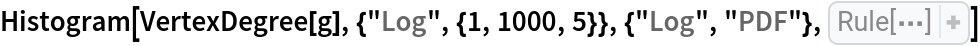 Histogram[VertexDegree[g], {"Log", {1, 1000, 5}}, {"Log", "PDF"}, AxesLabel -> {
  "Degree \!\(\*\nStyleBox[\"k\",\nFontSlant->\"Italic\"]\)", "\!\(\*SubscriptBox[\(p\), \(k\)]\)"}]