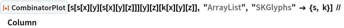 ResourceFunction["CombinatorPlot"][
  s[s[x][y][s[x][y][z]]][y][z][k[x][y][z]], "ArrayList", "SKGlyphs" -> {s, k}] // Column