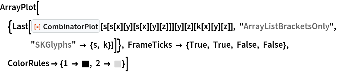 ArrayPlot[{Last[
   ResourceFunction["CombinatorPlot"][
    s[s[x][y][s[x][y][z]]][y][z][k[x][y][z]], "ArrayListBracketsOnly", "SKGlyphs" -> {s, k}]]}, FrameTicks -> {True, True, False, False}, ColorRules -> {1 -> GrayLevel[0], 2 -> GrayLevel[0.85]}]