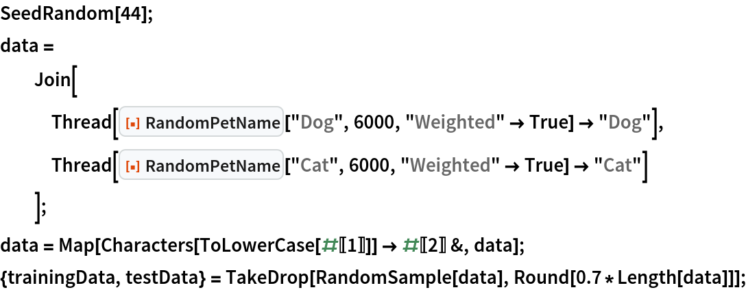 SeedRandom[44];
data =
  Join[
   Thread[
    ResourceFunction["RandomPetName"]["Dog", 6000, "Weighted" -> True] -> "Dog"],
   Thread[
    ResourceFunction["RandomPetName"]["Cat", 6000, "Weighted" -> True] -> "Cat"]
   ];
data = Map[Characters[ToLowerCase[#[[1]]]] -> #[[2]] &, data];
{trainingData, testData} = TakeDrop[RandomSample[data], Round[0.7*Length[data]]];