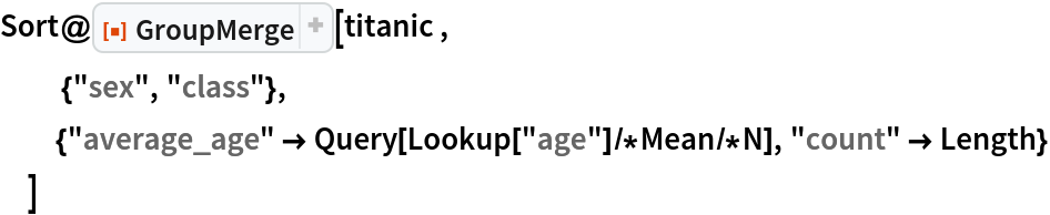 Sort@ResourceFunction["GroupMerge"][titanic ,
   {"sex", "class"},
  {"average_age" -> Query[Lookup["age"]/*Mean/*N], "count" -> Length}
  ]