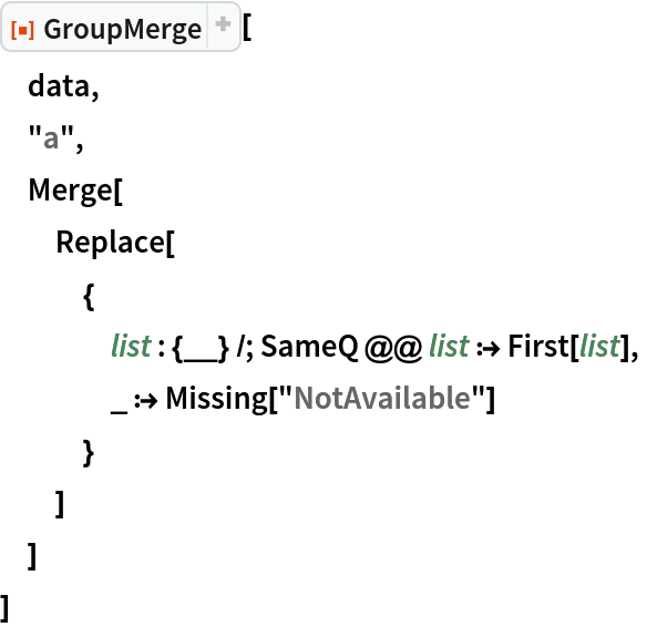 ResourceFunction["GroupMerge"][
 data,
 "a",
 Merge[
  Replace[
   {
    list : {__} /; SameQ @@ list :> First[list],
    _ :> Missing["NotAvailable"]
    }
   ]
  ]
 ]