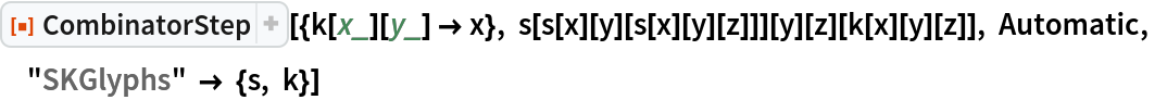 ResourceFunction["CombinatorStep"][{k[x_][y_] -> x}, s[s[x][y][s[x][y][z]]][y][z][k[x][y][z]], Automatic, "SKGlyphs" -> {s, k}]