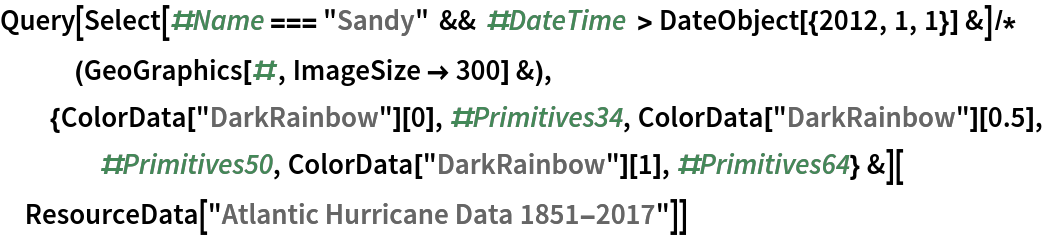 Query[Select[#Name === "Sandy" && #DateTime > DateObject[{2012, 1, 1}] &]/*(GeoGraphics[#, ImageSize -> 300] &), {ColorData["DarkRainbow"][
     0], #Primitives34, ColorData["DarkRainbow"][0.5], #Primitives50, ColorData["DarkRainbow"][1], #Primitives64} &][
 ResourceData["Atlantic Hurricane Data 1851-2017"]]