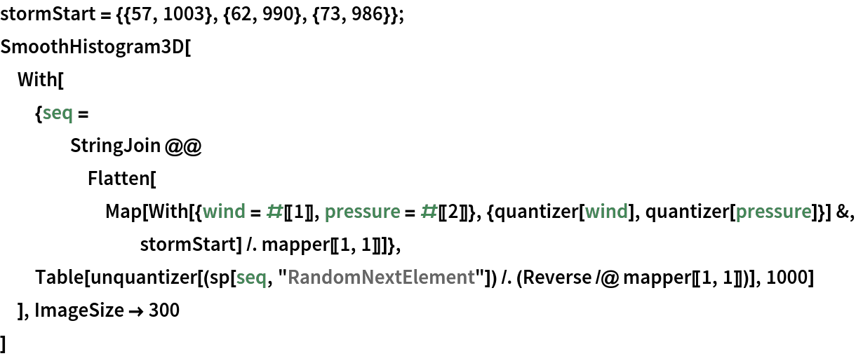 stormStart = {{57, 1003}, {62, 990}, {73, 986}};
SmoothHistogram3D[
 With[{seq = StringJoin @@ Flatten[Map[
        With[{wind = #[[1]], pressure = #[[2]]}, {quantizer[wind], quantizer[pressure]}] &, stormStart] /. mapper[[1, 1]]]}, Table[unquantizer[(sp[seq, "RandomNextElement"]) /. (Reverse /@ mapper[[1, 1]])], 1000]
  ], ImageSize -> 300
 ]