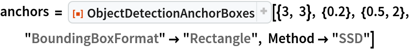 anchors = ResourceFunction[
  "ObjectDetectionAnchorBoxes"][{3, 3}, {0.2}, {0.5, 2}, "BoundingBoxFormat" -> "Rectangle", Method -> "SSD"]