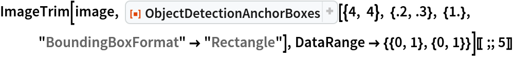 ImageTrim[image, ResourceFunction[
   "ObjectDetectionAnchorBoxes"][{4, 4}, {.2, .3}, {1.}, "BoundingBoxFormat" -> "Rectangle"], DataRange -> {{0, 1}, {0, 1}}][[;; 5]]
