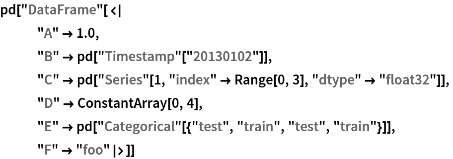 pd["DataFrame"[<|
   "A" -> 1.0,
   "B" -> pd["Timestamp"["20130102"]],
   "C" -> pd["Series"[1, "index" -> Range[0, 3], "dtype" -> "float32"]],
   "D" -> ConstantArray[0, 4],
   "E" -> pd["Categorical"[{"test", "train", "test", "train"}]],
   "F" -> "foo"|>]]
