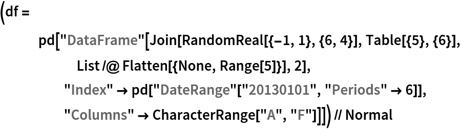 (df = pd[
    "DataFrame"[
     Join[RandomReal[{-1, 1}, {6, 4}], Table[{5}, {6}], List /@ Flatten[{None, Range[5]}], 2], "Index" -> pd["DateRange"["20130101", "Periods" -> 6]], "Columns" -> CharacterRange["A", "F"]]]) // Normal