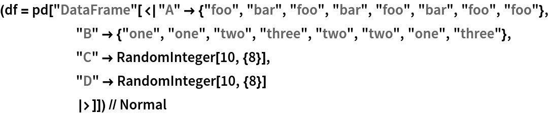 (df = pd[
    "DataFrame"[<|
      "A" -> {"foo", "bar", "foo", "bar", "foo", "bar", "foo", "foo"},
      "B" -> {"one", "one", "two", "three", "two", "two", "one", "three"},
      "C" -> RandomInteger[10, {8}],
      "D" -> RandomInteger[10, {8}]
      |>]]) // Normal