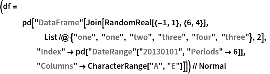 (df = pd[
    "DataFrame"[
     Join[RandomReal[{-1, 1}, {6, 4}], List /@ {"one", "one", "two", "three", "four", "three"}, 2], "Index" -> pd["DateRange"["20130101", "Periods" -> 6]], "Columns" -> CharacterRange["A", "E"]]]) // Normal