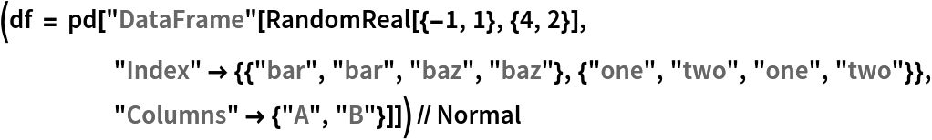 (df = pd[
    "DataFrame"[RandomReal[{-1, 1}, {4, 2}], "Index" -> {{"bar", "bar", "baz", "baz"}, {"one", "two", "one", "two"}}, "Columns" -> {"A", "B"}]]) // Normal