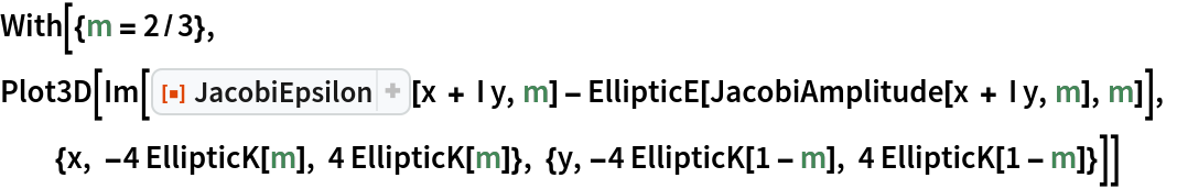 With[{m = 2/3},
 Plot3D[Im[
   ResourceFunction["JacobiEpsilon"][x + I y, m] - EllipticE[JacobiAmplitude[x + I y, m], m]], {x, -4 EllipticK[m], 4 EllipticK[m]}, {y, -4 EllipticK[1 - m], 4 EllipticK[1 - m]}]]