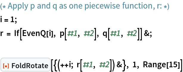 (* Apply p and q as one piecewise function, r: *)
i = 1;
r = If[EvenQ[i], p[#1, #2], q[#1, #2]] &;

ResourceFunction["FoldRotate"][{(++i; r[#1, #2]) &}, 1, Range[15]]