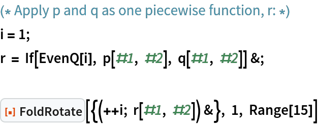 (* Apply p and q as one piecewise function, r: *)
i = 1;
r = If[EvenQ[i], p[#1, #2], q[#1, #2]] &;

ResourceFunction["FoldRotate"][{(++i; r[#1, #2]) &}, 1, Range[15]]