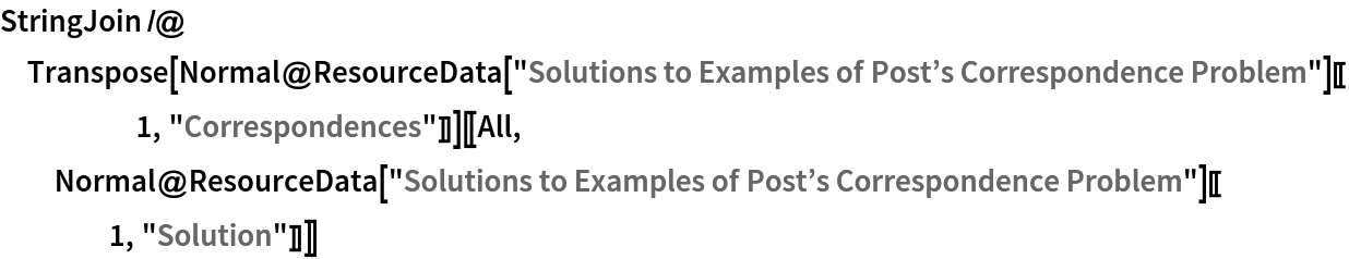 StringJoin /@ Transpose[
   Normal@ResourceData[
      "Solutions to Examples of Post\[CloseCurlyQuote]s Correspondence Problem"][[1, "Correspondences"]]][[All, Normal@ResourceData[
     "Solutions to Examples of Post\[CloseCurlyQuote]s Correspondence Problem"][[1, "Solution"]]]]