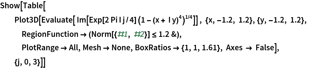 Show[Table[
  Plot3D[Evaluate[ Im[Exp[2 Pi I j/4] (1 - (x + I y)^4)^(1/4)]] , {x, -1.2, 1.2}, {y, -1.2, 1.2},
   RegionFunction -> (Norm[{#1, #2}] <= 1.2 &),
   PlotRange -> All, Mesh -> None, BoxRatios -> {1, 1, 1.61}, Axes -> False],
  {j, 0, 3}]]