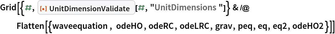 Grid[{#, ResourceFunction["UnitDimensionValidate"][#, "UnitDimensions"]} & /@ Flatten[{waveequation, odeHO, odeRC, odeLRC, grav, peq, eq, eq2, odeHO2}]]