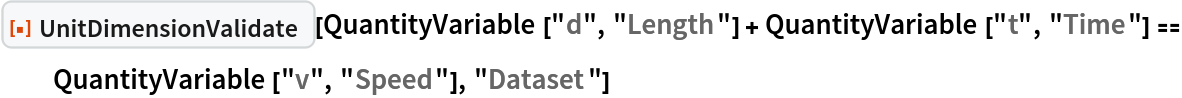 ResourceFunction["UnitDimensionValidate"][
 QuantityVariable["d", "Length"] + QuantityVariable["t", "Time"] == QuantityVariable["v", "Speed"], "Dataset"]