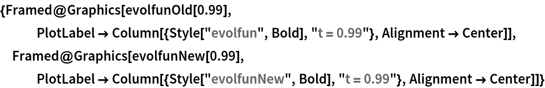 {Framed@Graphics[evolfunOld[0.99], PlotLabel -> Column[{Style["evolfun", Bold], "t = 0.99"}, Alignment -> Center]], Framed@Graphics[evolfunNew[0.99], PlotLabel -> Column[{Style["evolfunNew", Bold], "t = 0.99"}, Alignment -> Center]]}