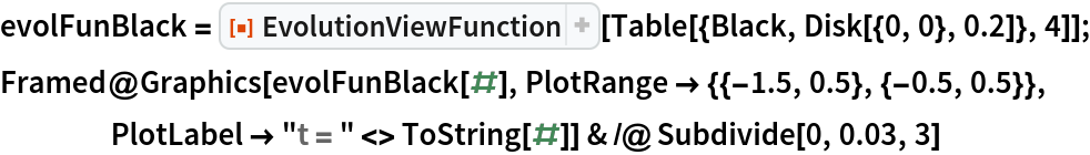 evolFunBlack = ResourceFunction["EvolutionViewFunction"][
   Table[{Black, Disk[{0, 0}, 0.2]}, 4]];
Framed@Graphics[evolFunBlack[#], PlotRange -> {{-1.5, 0.5}, {-0.5, 0.5}}, PlotLabel -> "t = " <> ToString[#]] & /@ Subdivide[0, 0.03, 3]