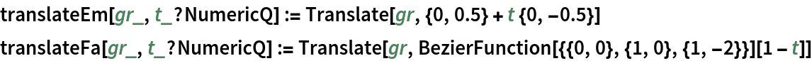 translateEm[gr_, t_?NumericQ] := Translate[gr, {0, 0.5} + t {0, -0.5}]
translateFa[gr_, t_?NumericQ] := Translate[gr, BezierFunction[{{0, 0}, {1, 0}, {1, -2}}][1 - t]]