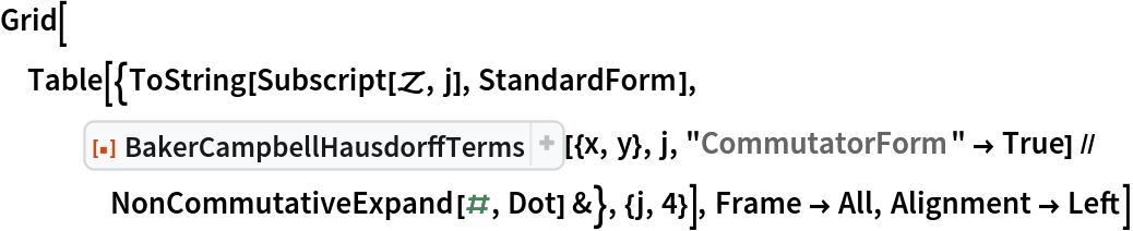 Grid[Table[{ToString[Subscript[\[ScriptCapitalZ], j], StandardForm], ResourceFunction["BakerCampbellHausdorffTerms"][{x, y}, j, "CommutatorForm" -> True] // NonCommutativeExpand[#, Dot] &}, {j, 4}], Frame -> All, Alignment -> Left]