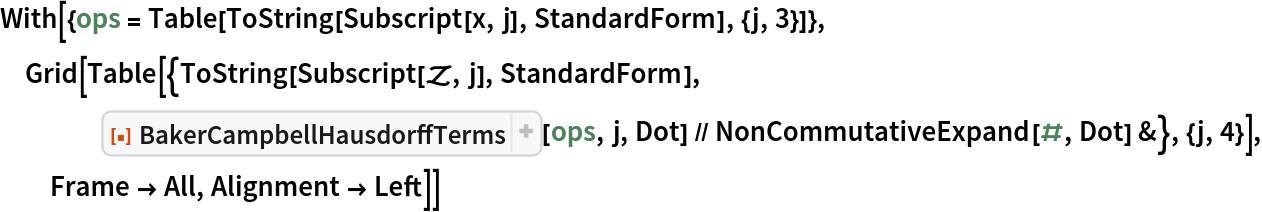 With[{ops = Table[ToString[Subscript[x, j], StandardForm], {j, 3}]},
 Grid[Table[{ToString[Subscript[\[ScriptCapitalZ], j], StandardForm], ResourceFunction["BakerCampbellHausdorffTerms"][ops, j, Dot] // NonCommutativeExpand[#, Dot] &}, {j, 4}], Frame -> All, Alignment -> Left]]