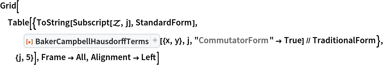 Grid[Table[{ToString[Subscript[\[ScriptCapitalZ], j], StandardForm], ResourceFunction["BakerCampbellHausdorffTerms"][{x, y}, j, "CommutatorForm" -> True] // TraditionalForm}, {j, 5}], Frame -> All, Alignment -> Left]