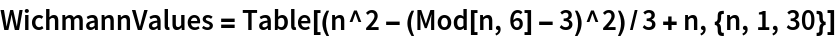 WichmannValues = Table[(n^2 - (Mod[n, 6] - 3)^2)/3 + n, {n, 1, 30}]