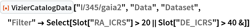 ResourceFunction["VizierCatalogData", ResourceVersion->"3.0.0"]["I/345/gaia2", "Data", "Dataset", "Filter" -> Select[Slot["RA_ICRS"] > 20 || Slot["DE_ICRS"] > 40 &]]