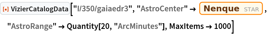 ResourceFunction["VizierCatalogData"]["I/350/gaiaedr3", "AstroCenter" -> Entity["Star", "HIP5054"], "AstroRange" -> Quantity[20, "ArcMinutes"], MaxItems -> 1000]