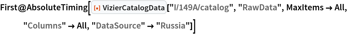 First@AbsoluteTiming[
  ResourceFunction["VizierCatalogData"]["I/149A/catalog", "RawData", MaxItems -> All, "Columns" -> All, "DataSource" -> "Russia"]]