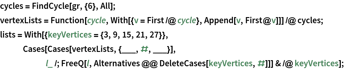 cycles = FindCycle[gr, {6}, All];
vertexLists = Function[cycle, With[{v = First /@ cycle}, Append[v, First@v]]] /@ cycles;
lists = With[{keyVertices = {3, 9, 15, 21, 27}}, Cases[Cases[vertexLists, {___, #, ___}], l_ /; FreeQ[l, Alternatives @@ DeleteCases[keyVertices, #]]] & /@
     keyVertices];