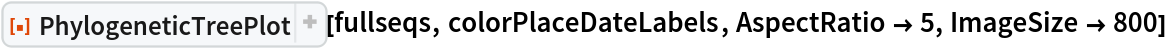 ResourceFunction[
 "PhylogeneticTreePlot", ResourceSystemBase -> "https://www.wolframcloud.com/obj/resourcesystem/api/1.0"][fullseqs, colorPlaceDateLabels, AspectRatio -> 5, ImageSize -> 800]