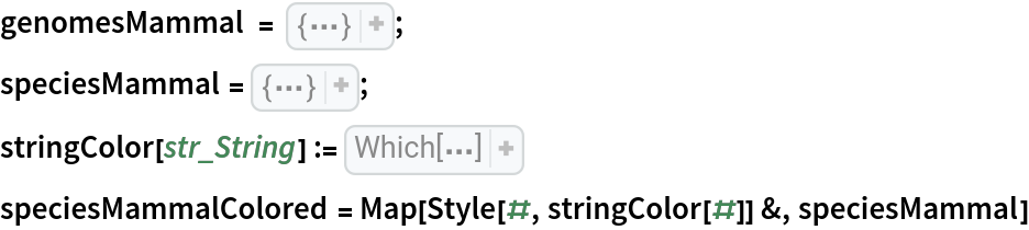 genomesMammal = {"V00662", "D38116", "D38113", "D38114", "X99256", "Y18001", "AY863426", "D38115", "NC_002083", "U20753", "U96639", "AJ002189", "AF010406", "AF533441", "V00654", "AY488491", "EU442884", "EF551003", "EF551002", "X97336", "Y07726", "DQ402478",
    "AF303110", "AF303111", "EF212882", "AJ001588", "X88898", "NC_002764", "AJ238588", "AJ001562", "X72204", "NC_005268", "NC_007441", "NC_008830", "NC_001788", "NC_001321", "NC_005270", "NC_001640", "NC_005275", "NC_006931", "NC_010640"};
speciesMammal = {"Human", "Pygmy chimpanzee", "Common chimpanzee", "Gorilla", "Gibbon", "Baboon", "Vervet monkey", "Bornean orangutan", "Sumatran orangutan", "Cat", "Dog", "Pig", "Sheep", "Goat", "Cow", "Buffalo", "Wolf", "Tiger", "Leopard", "Indian rhinoceros", "White rhinoceros", "Black bear", "Brown bear", "Polar bear", "Giant panda", "Rabbit", "Hedgehog", "Macaca thibet", "Squirrel", "Dormouse", "Blue whale", "Bowhead whale", "Chiru", "Common warthog", "Donkey", "Fin whale", "Gray whale", "Horse", "Indus river dolphin", "North pacific right whale", "Taiwan serow"};
stringColor[str_String] := Which[
StringContainsQ[str, {"Human", "chimpanzee", "Gorilla", "orangutan"}],
   Red, 
StringContainsQ[str, {"Gibbon", "Baboon", "monkey", "thibet"}], Orange, 
StringContainsQ[str, {"Tiger", "Leopard", "Cat"}], 
Darker[Green], 
StringContainsQ[str, {"Dog", "Wolf"}], 
Lighter[Green], 
StringContainsQ[
  str, {"Cow", "Buffalo", "Goat", "Sheep", "Chiru", "serow"}], 
Darker[Brown], 
StringContainsQ[str, "rhino"], 
Lighter[Brown], 
StringContainsQ[str, {"bear", "panda"}], Black, 
StringContainsQ[str, {"mouse", "Squirrel", "Rabbit"}], Gray, 
StringContainsQ[str, {"Pig", "warthog"}], 
Darker[Blue], 
StringContainsQ[str, {"Donkey", "Horse"}], Blue, 
StringContainsQ[str, {"whale", "dolphin"}], Purple, 
StringContainsQ[str, "Hedgehog"], 
Darker[Gray]]
speciesMammalColored = Map[Style[#, stringColor[#]] &, speciesMammal]