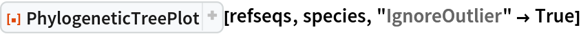 ResourceFunction["PhylogeneticTreePlot"][refseqs, species, "IgnoreOutlier" -> True]