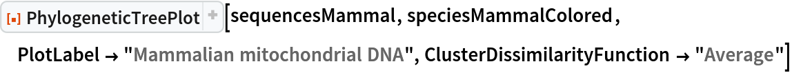 ResourceFunction["PhylogeneticTreePlot", ResourceVersion->"4.0.1"][sequencesMammal, speciesMammalColored, PlotLabel -> "Mammalian mitochondrial DNA", ClusterDissimilarityFunction -> "Average"]