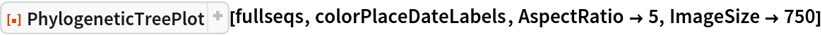ResourceFunction["PhylogeneticTreePlot", ResourceVersion->"4.0.1"][fullseqs, colorPlaceDateLabels, AspectRatio -> 5, ImageSize -> 750]