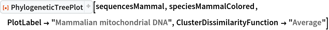 ResourceFunction[
 "PhylogeneticTreePlot"][sequencesMammal, speciesMammalColored, PlotLabel -> "Mammalian mitochondrial DNA", ClusterDissimilarityFunction -> "Average"]